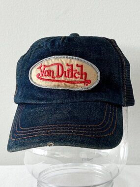Vintage VON DUTCH Trucker Hat Dark Blue Denim Cap Mesh Distressed Snapback Y2K